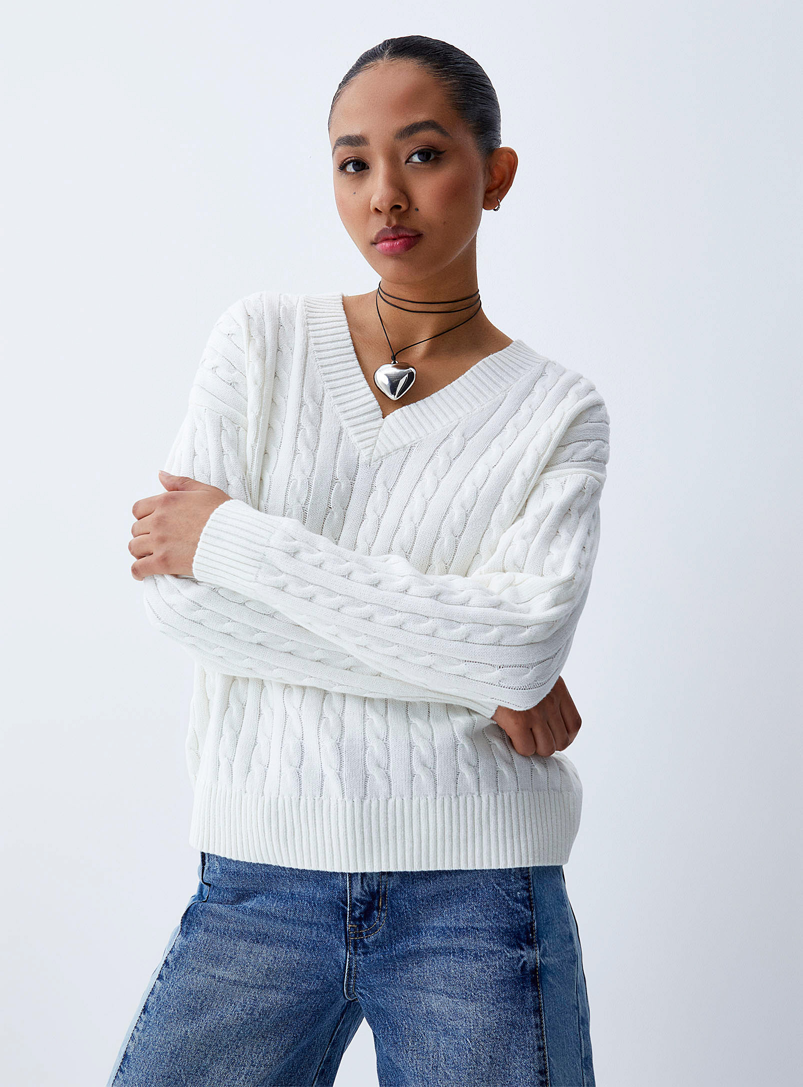 Twik Oversized V-neck Cable-knit Sweater In Ivory/cream Beige