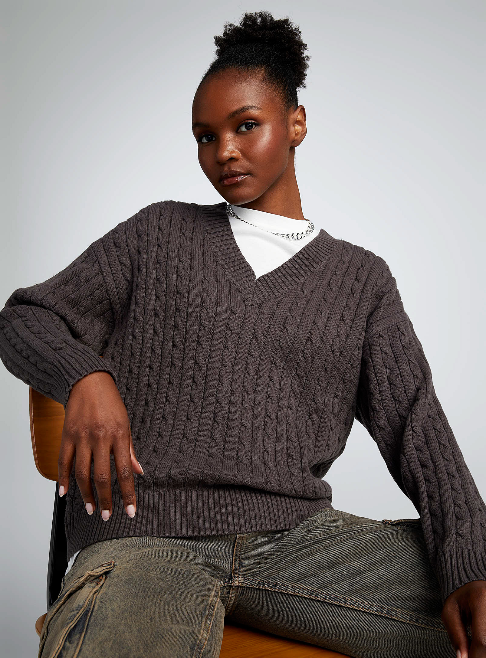 Twik Oversized V-neck Cable-knit Sweater In Oxford