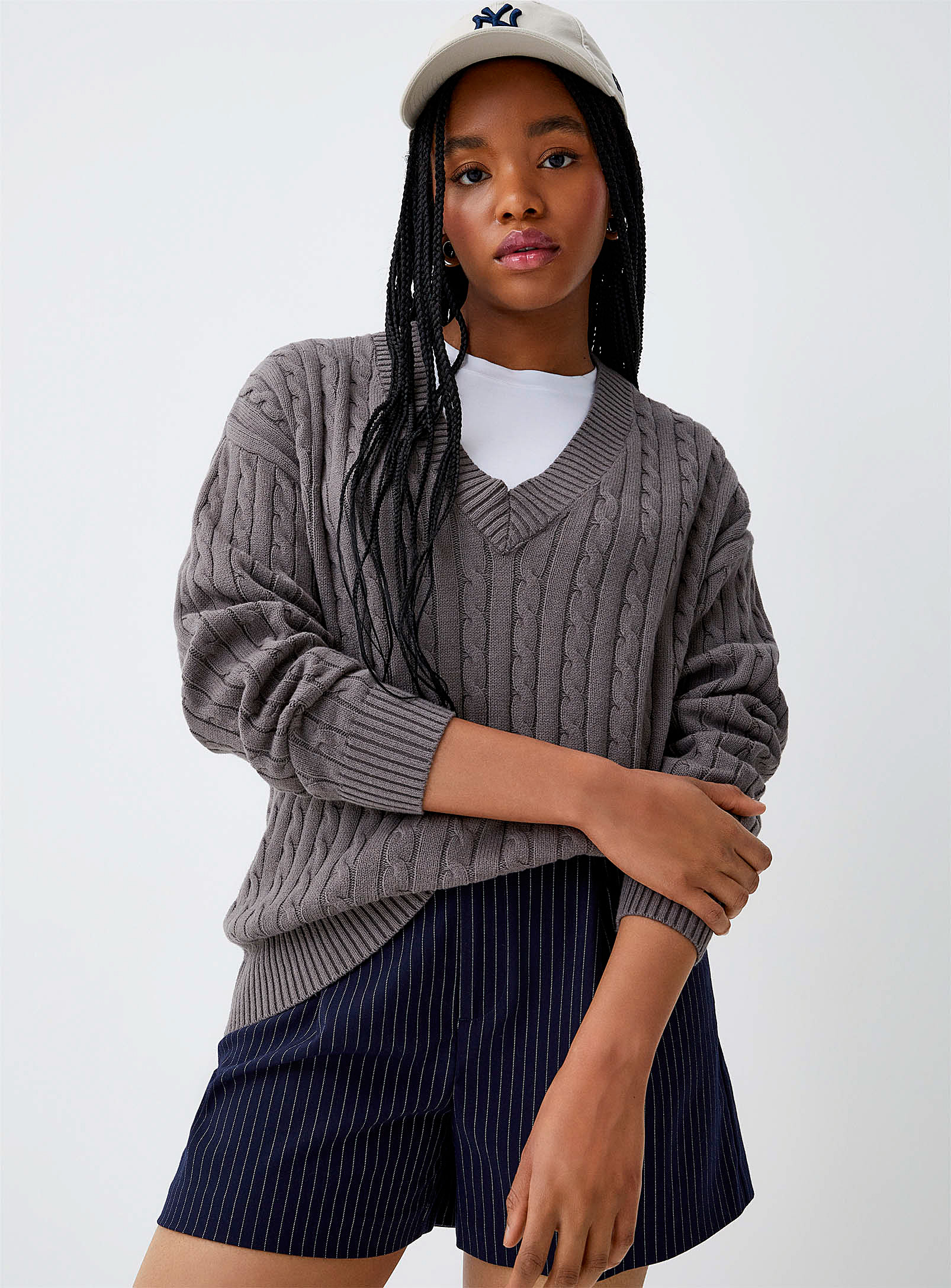 Twik Oversized V-neck Cable-knit Sweater In Charcoal