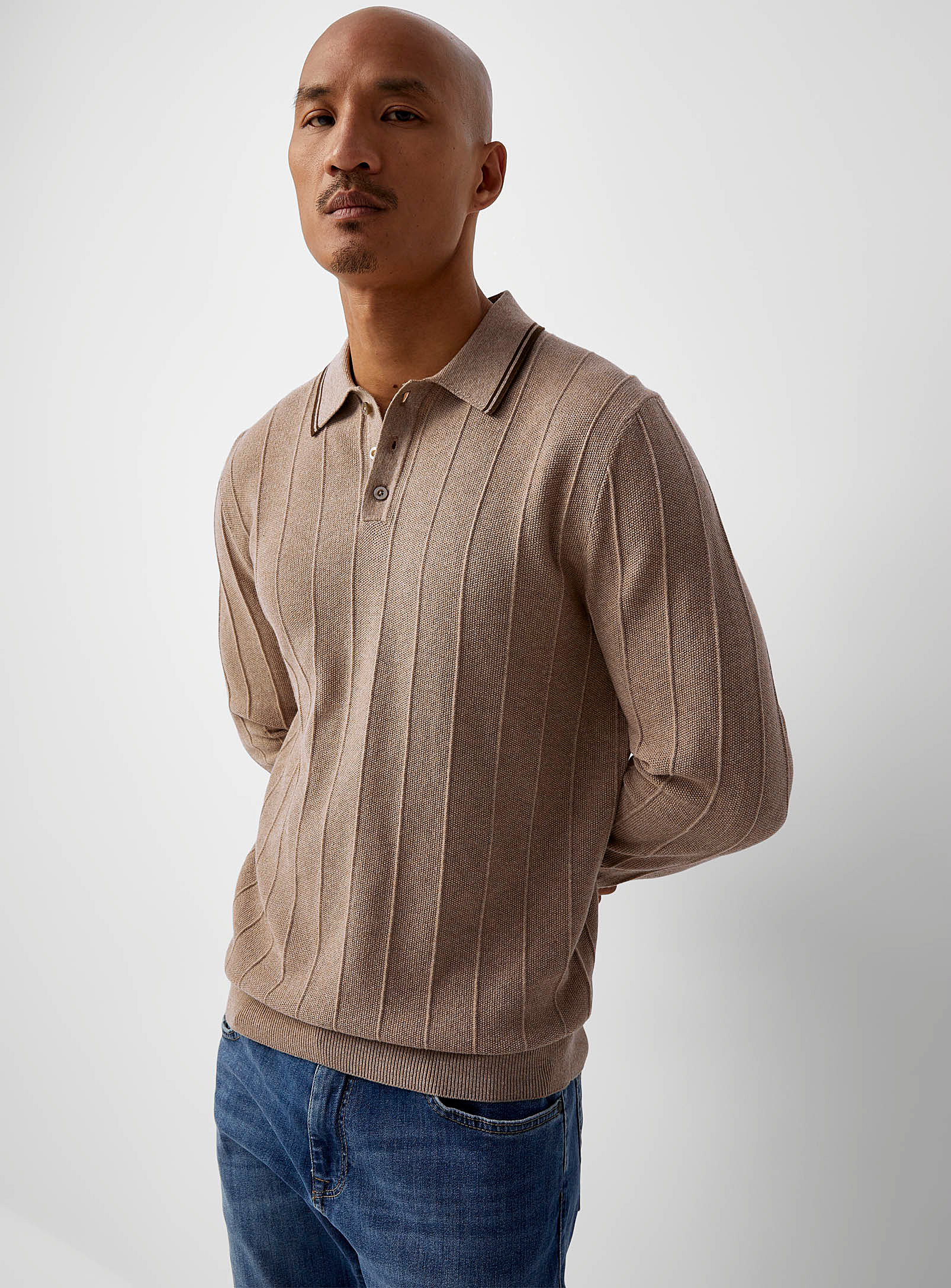 Le 31 Embossed Stripe Knit Polo In Sand