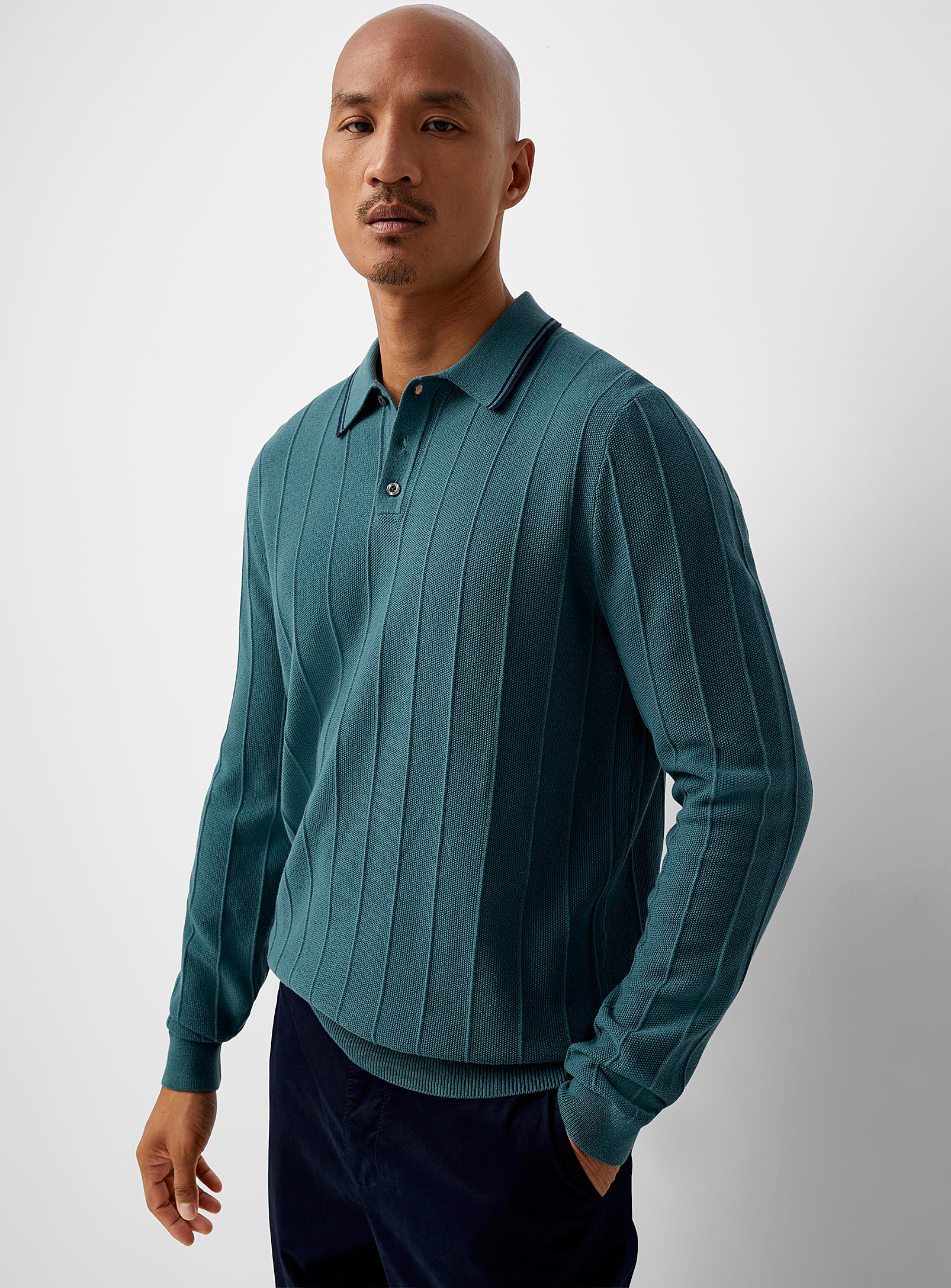 Le 31 Embossed Stripe Knit Polo In Teal
