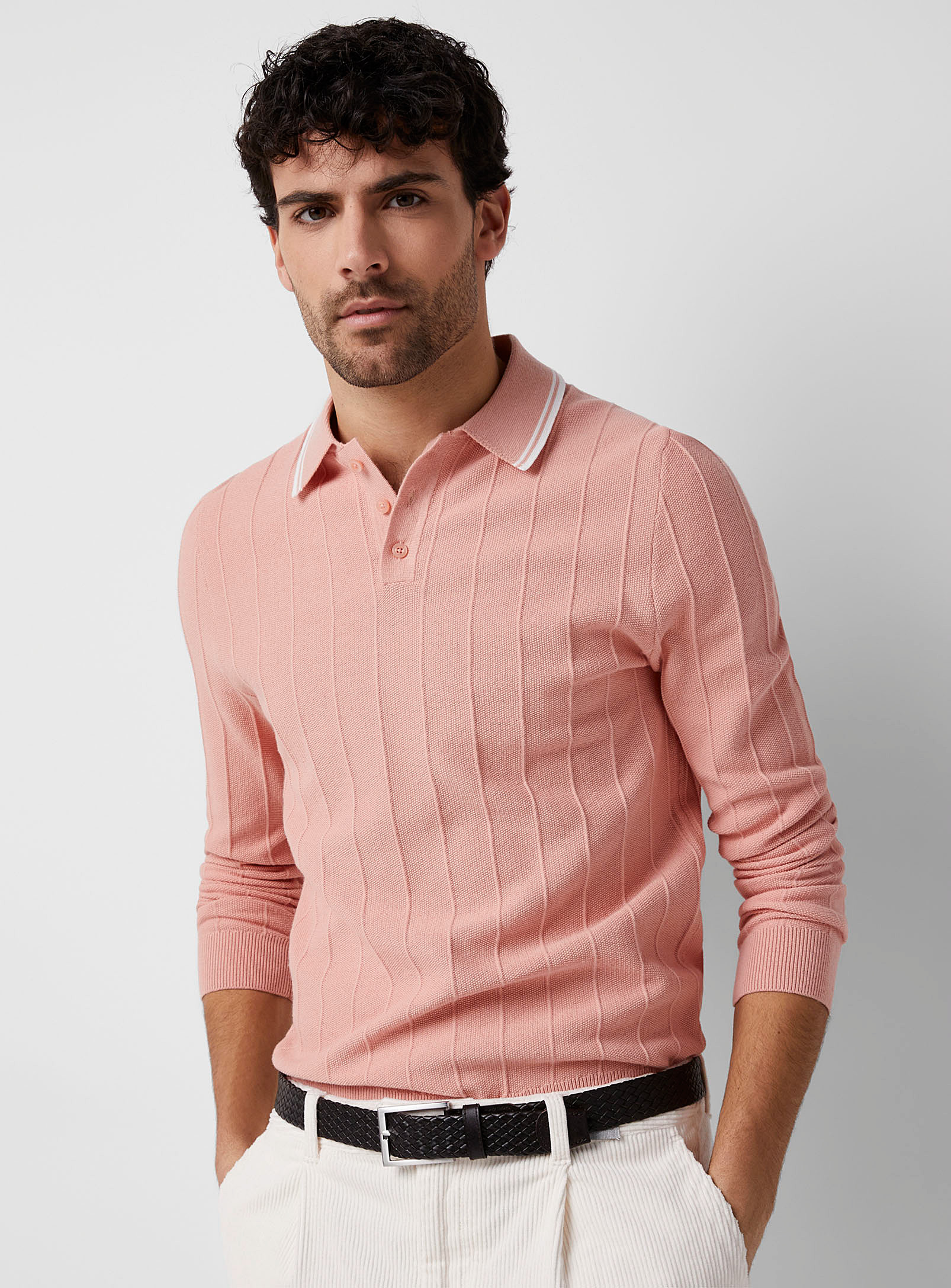 Le 31 Embossed Stripe Knit Polo In Pink