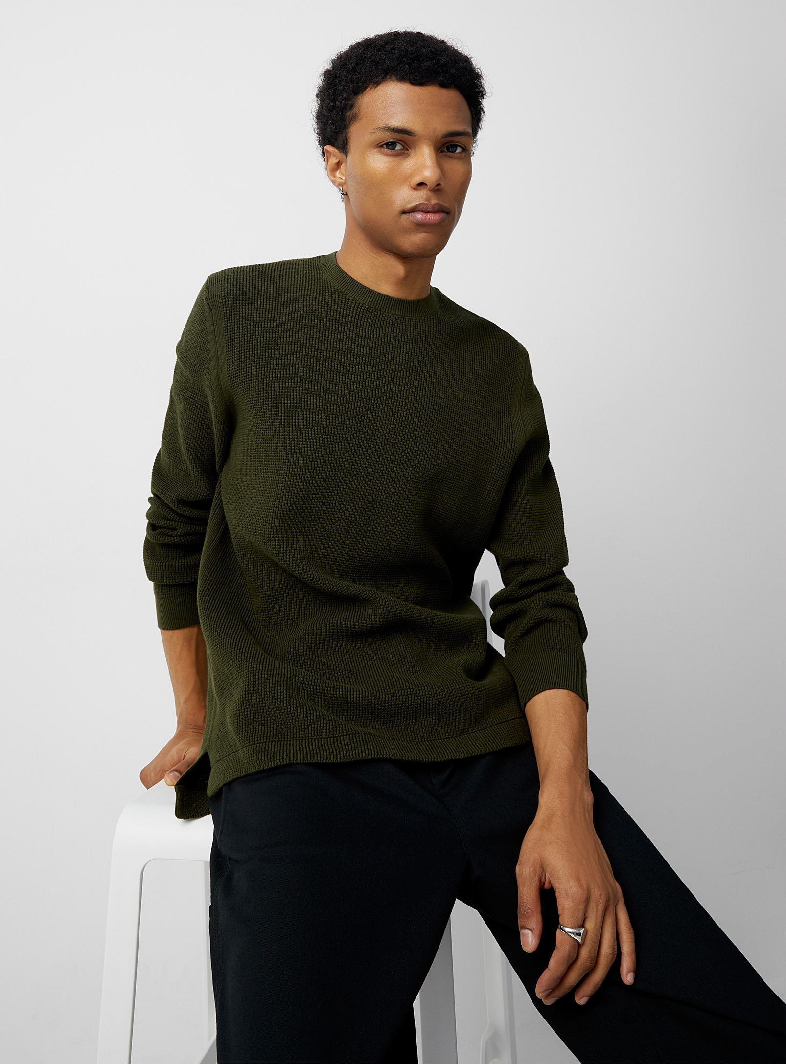 Djab Longline Waffled Sweater In Mossy Green