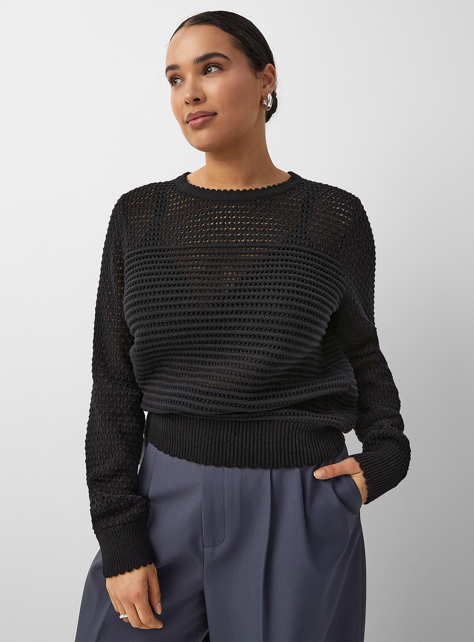 Contemporaine Scalloped Edging Textured Sweater In Black