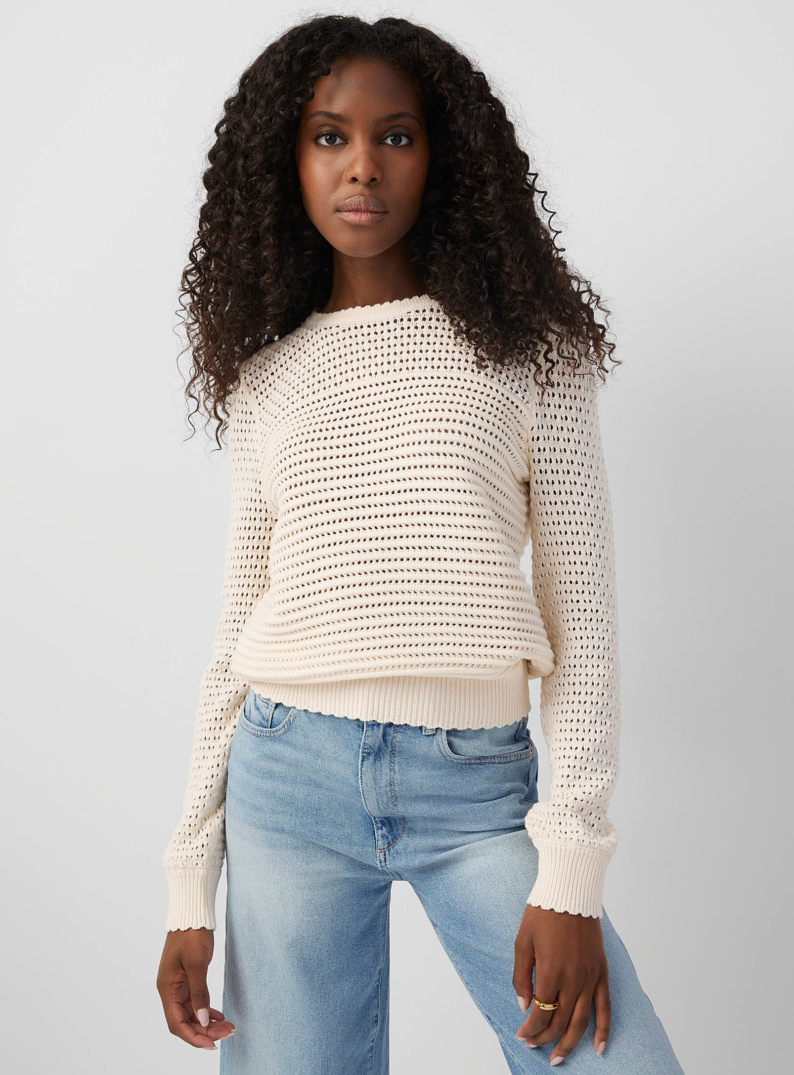 Contemporaine Scalloped Edging Textured Sweater In Cream Beige