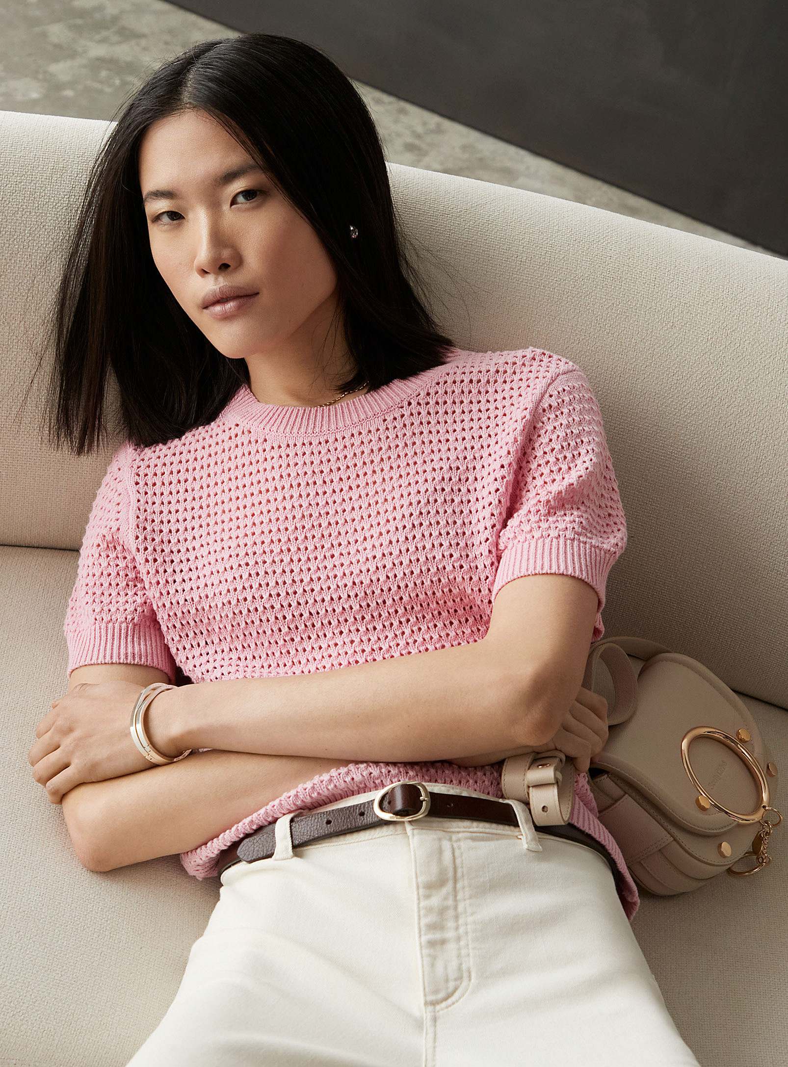 Contemporaine Short-sleeve Openwork Sweater In Pink