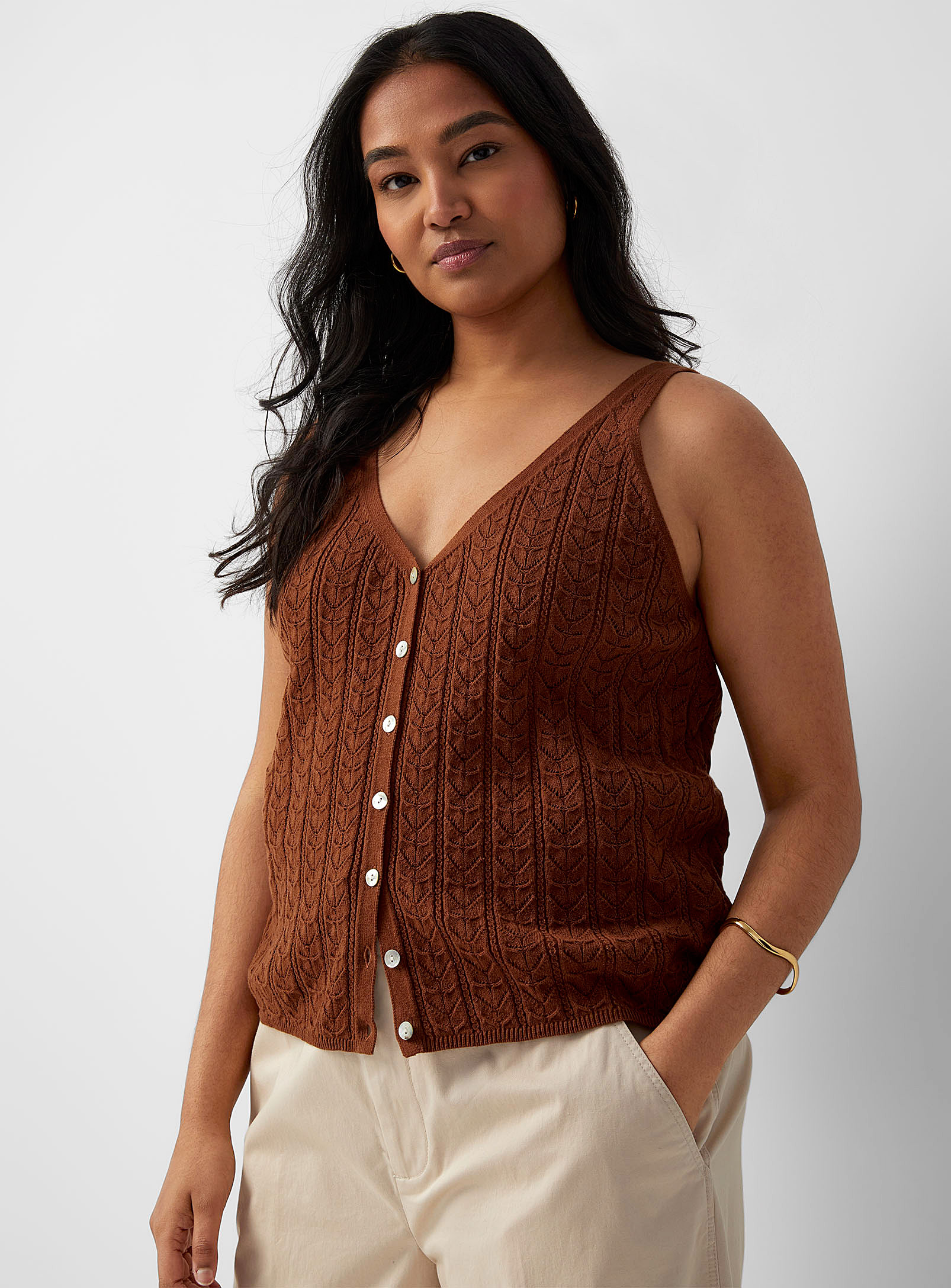 Contemporaine Pointelle Knit Buttoned Sweater Vest In Toast
