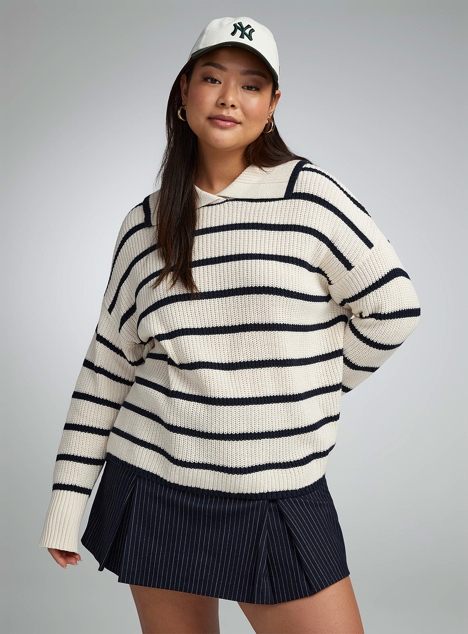 Twik Oversized And Striped Collared Sweater In Patterned White