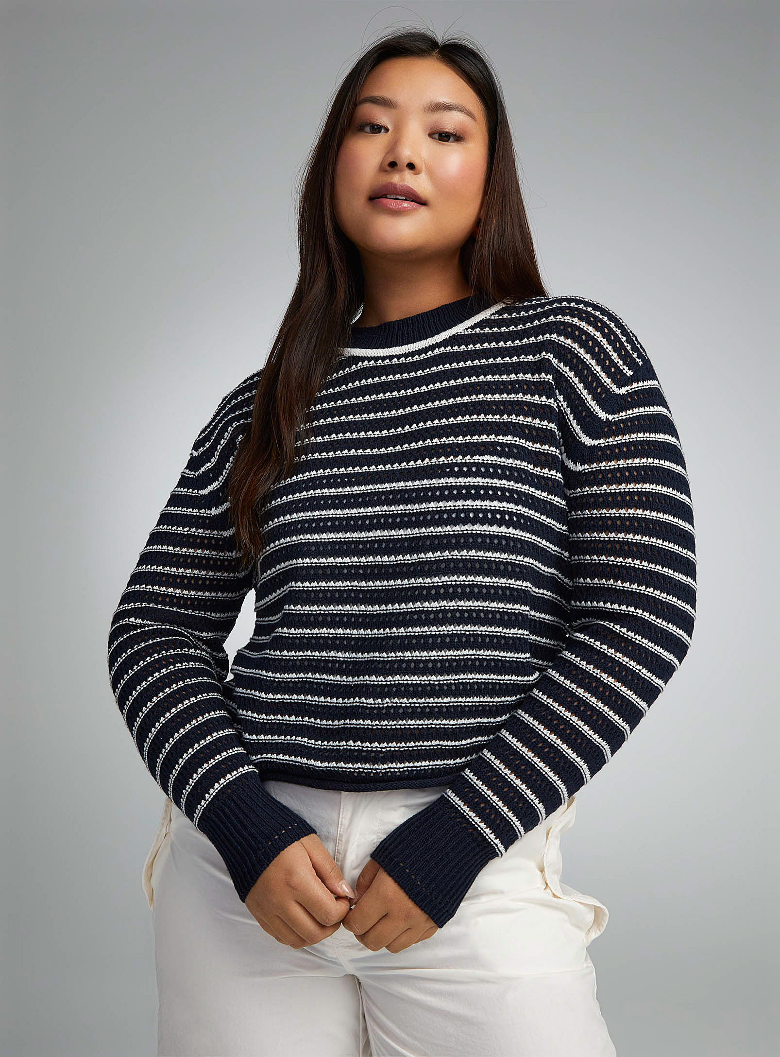 Twik Striped Pointelle Knit Sweater In Patterned White