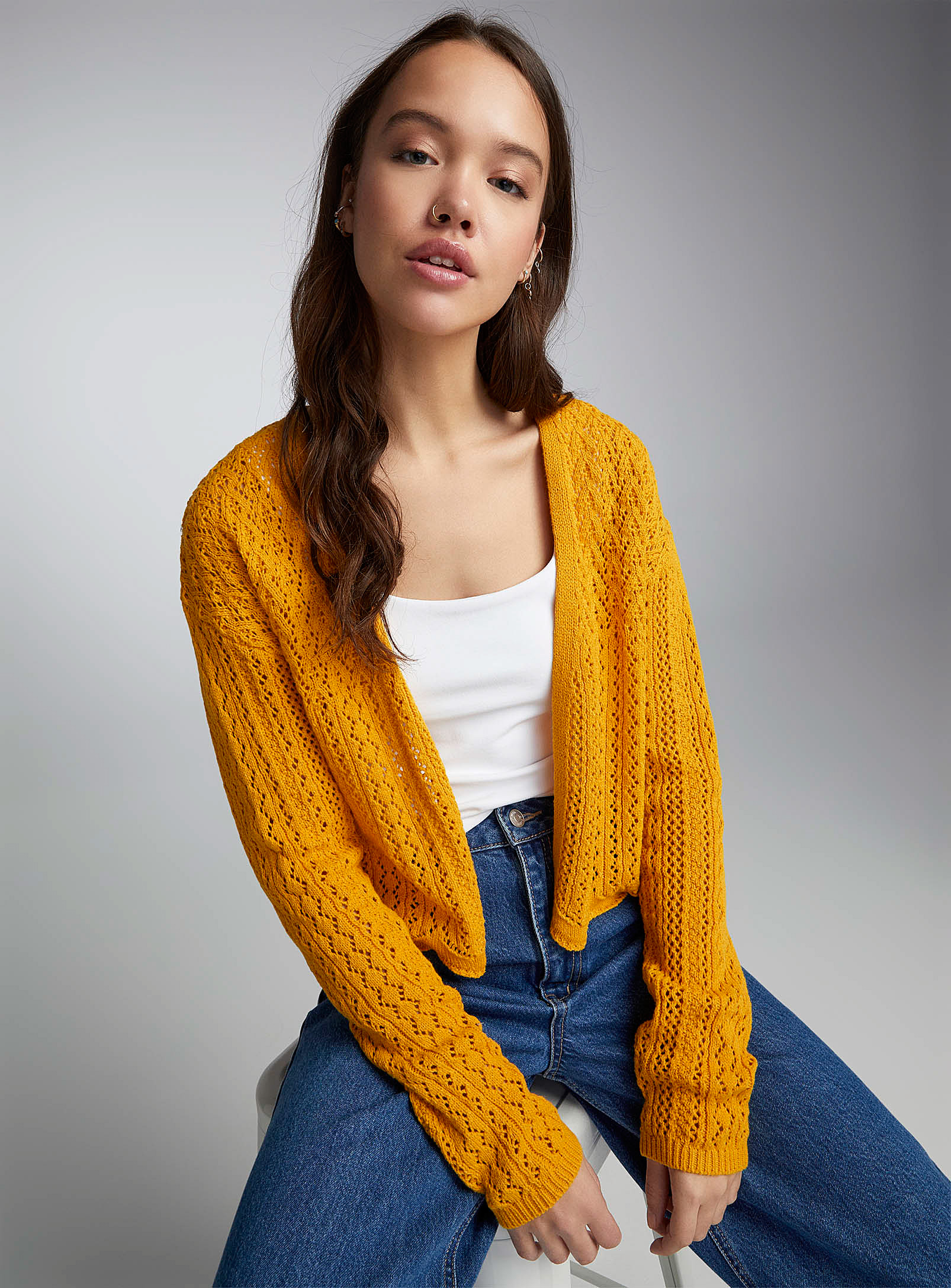 Twik Crochet Open Cardigan In Dark Yellow