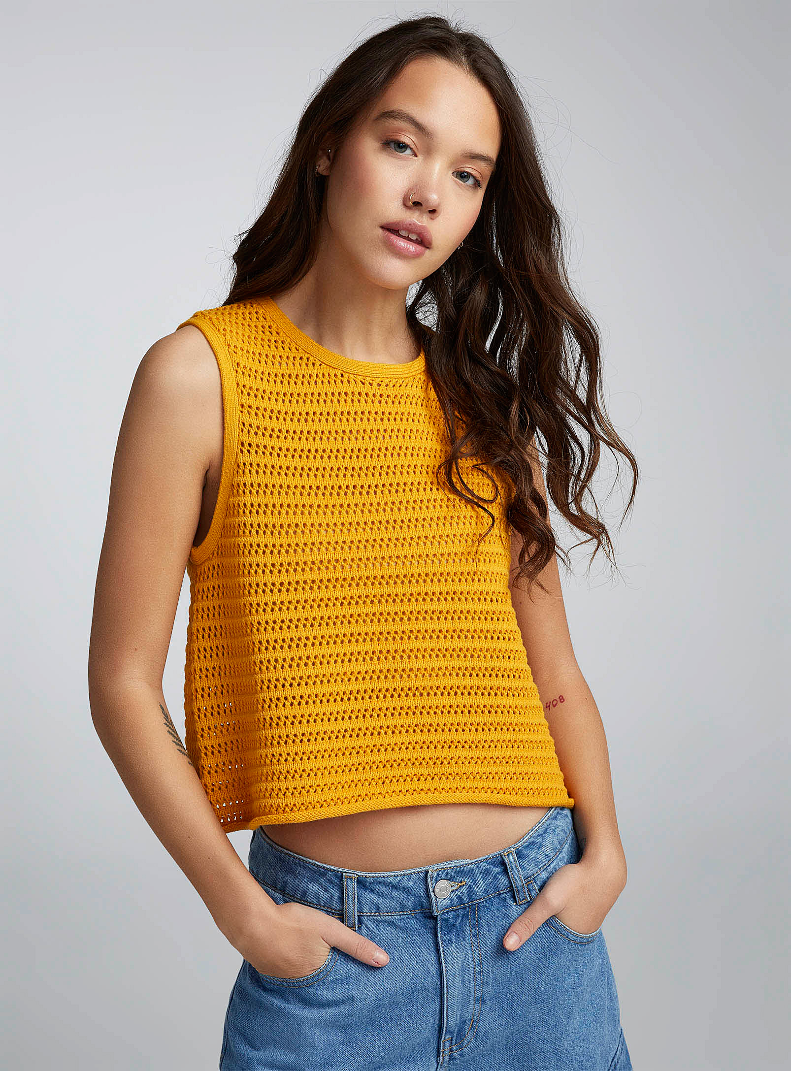 Twik Ladder Stitch Knit Sweater Vest In Dark Yellow