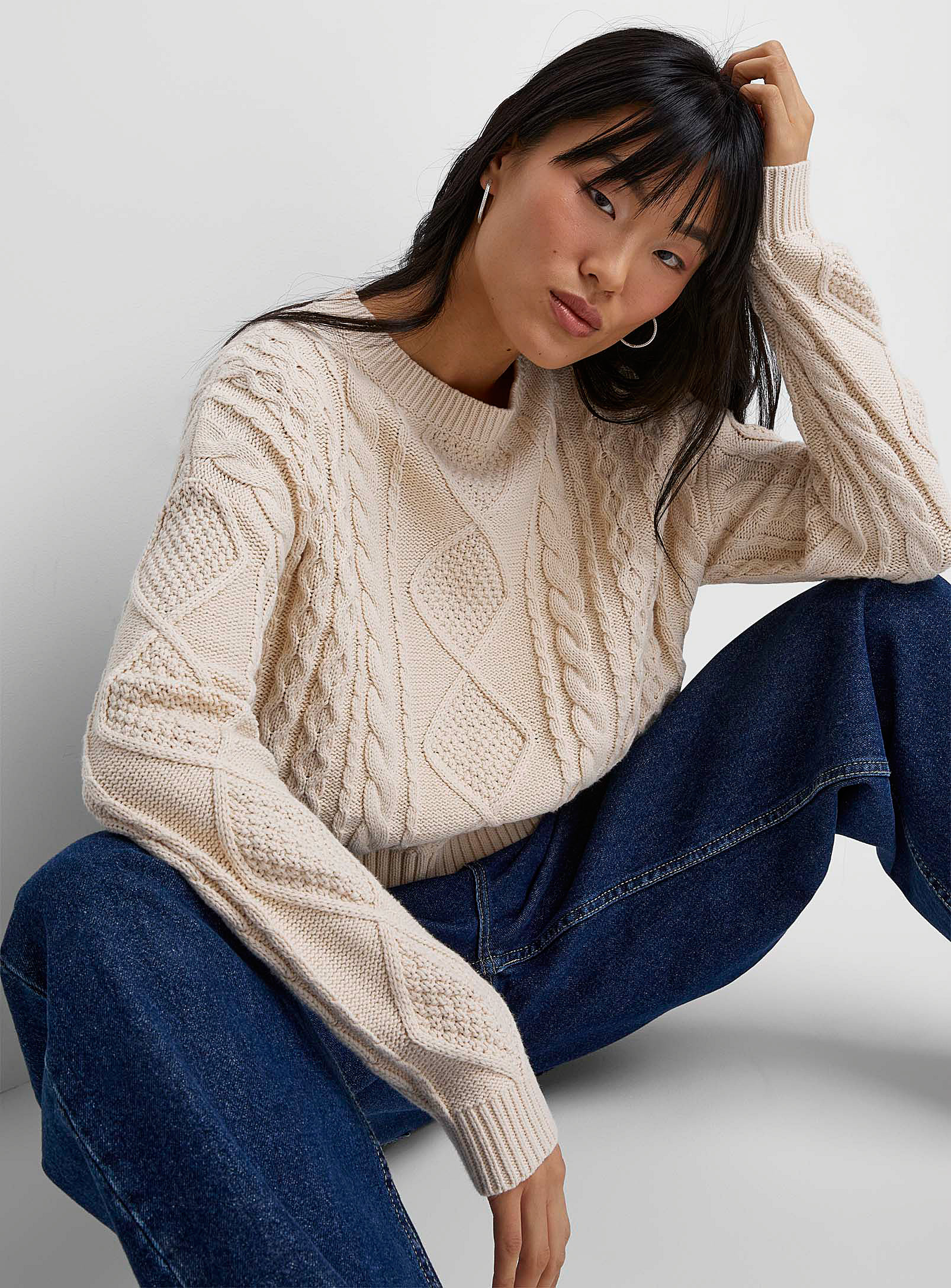 Icone Twisted Cables Boxy-fit Sweater In Cream Beige