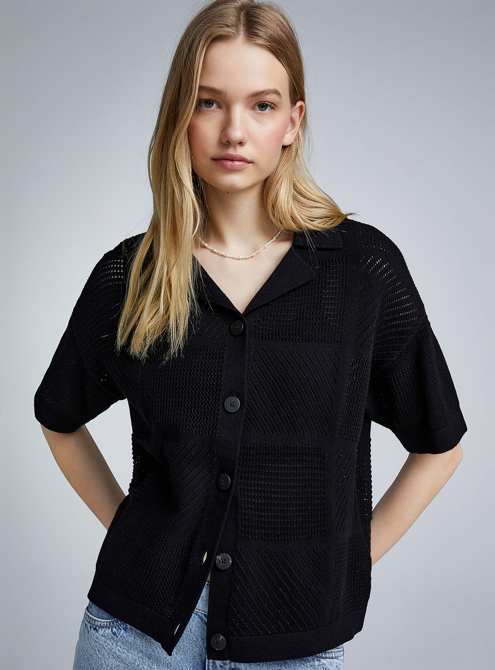 Twik Openwork Knit Checkered Shirt In Black