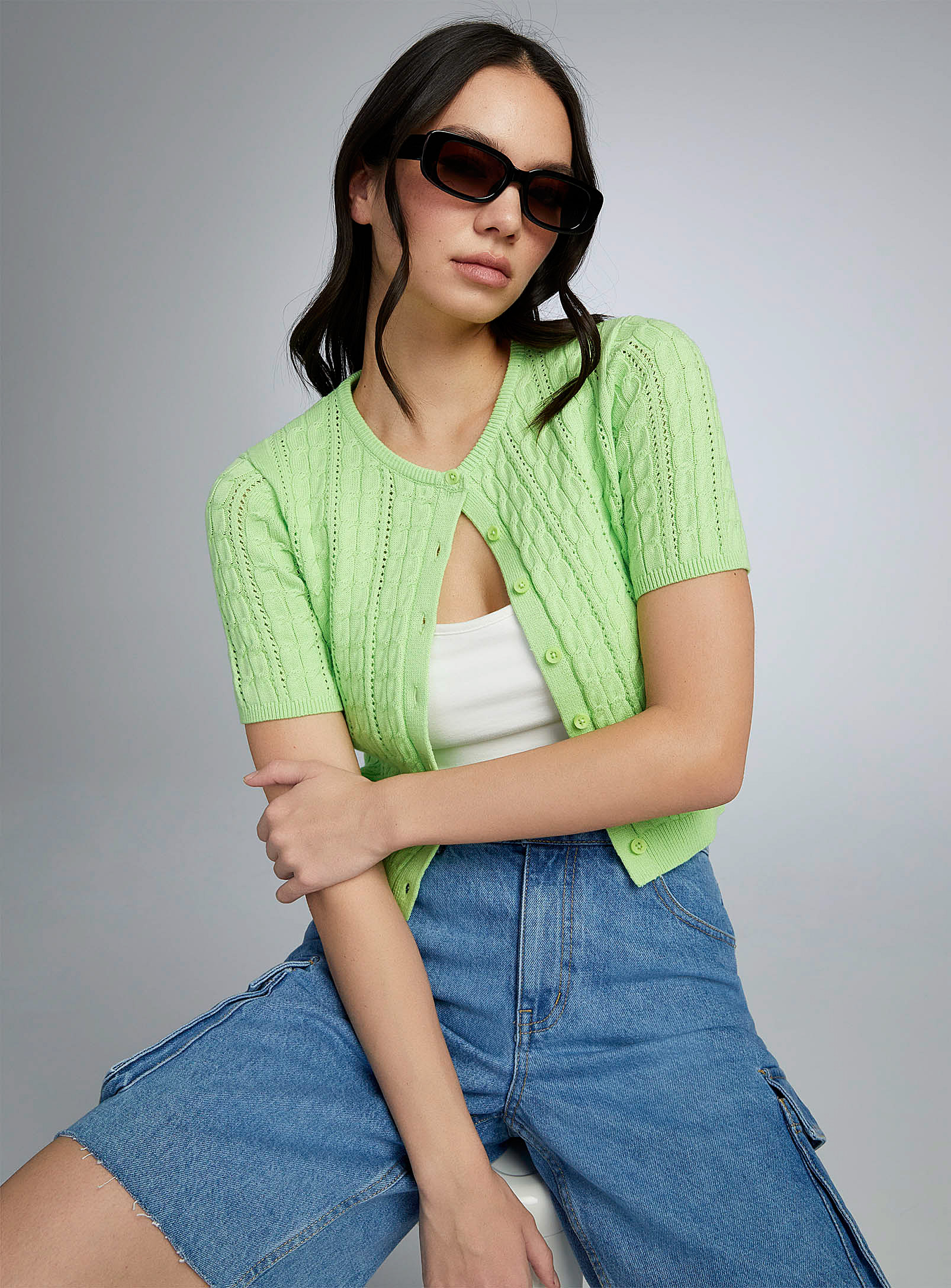Twik Cables And Openwork Cropped Cardigan In Mint/pistachio Green