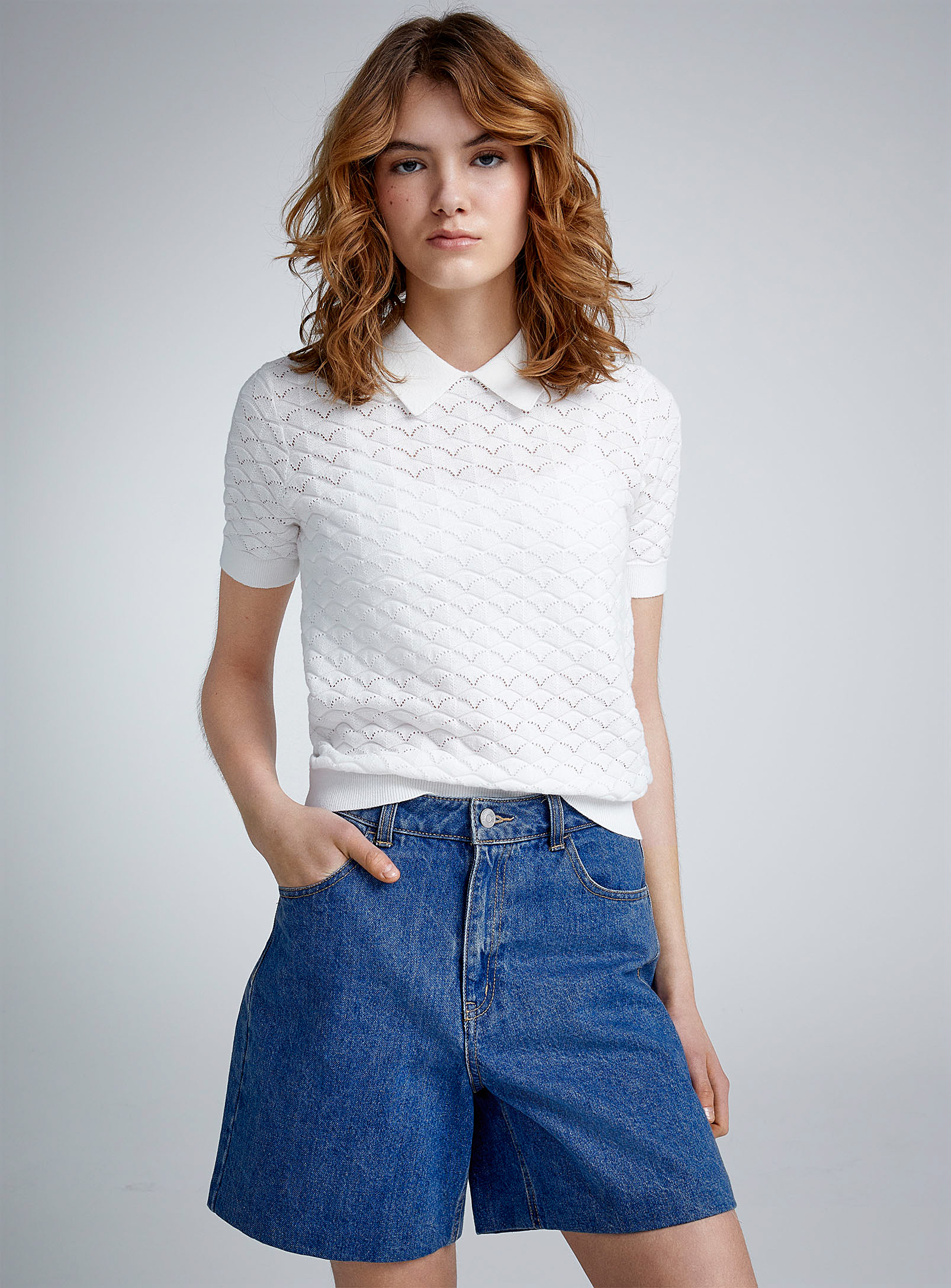 Twik Pointelle Knit Polo Collar Sweater In Off White