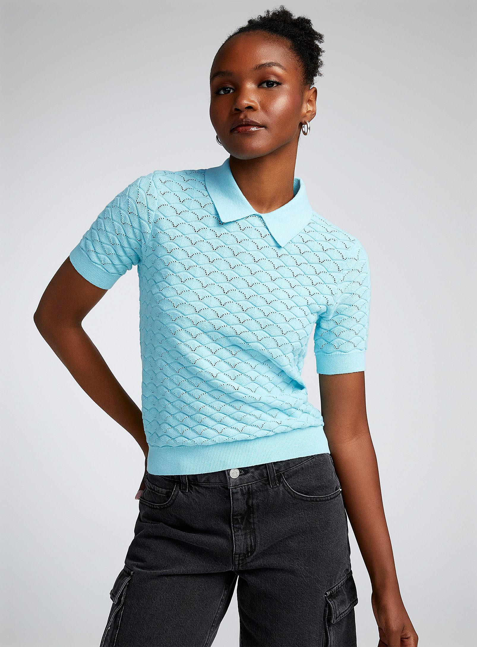 Twik Pointelle Knit Polo Collar Sweater In Teal