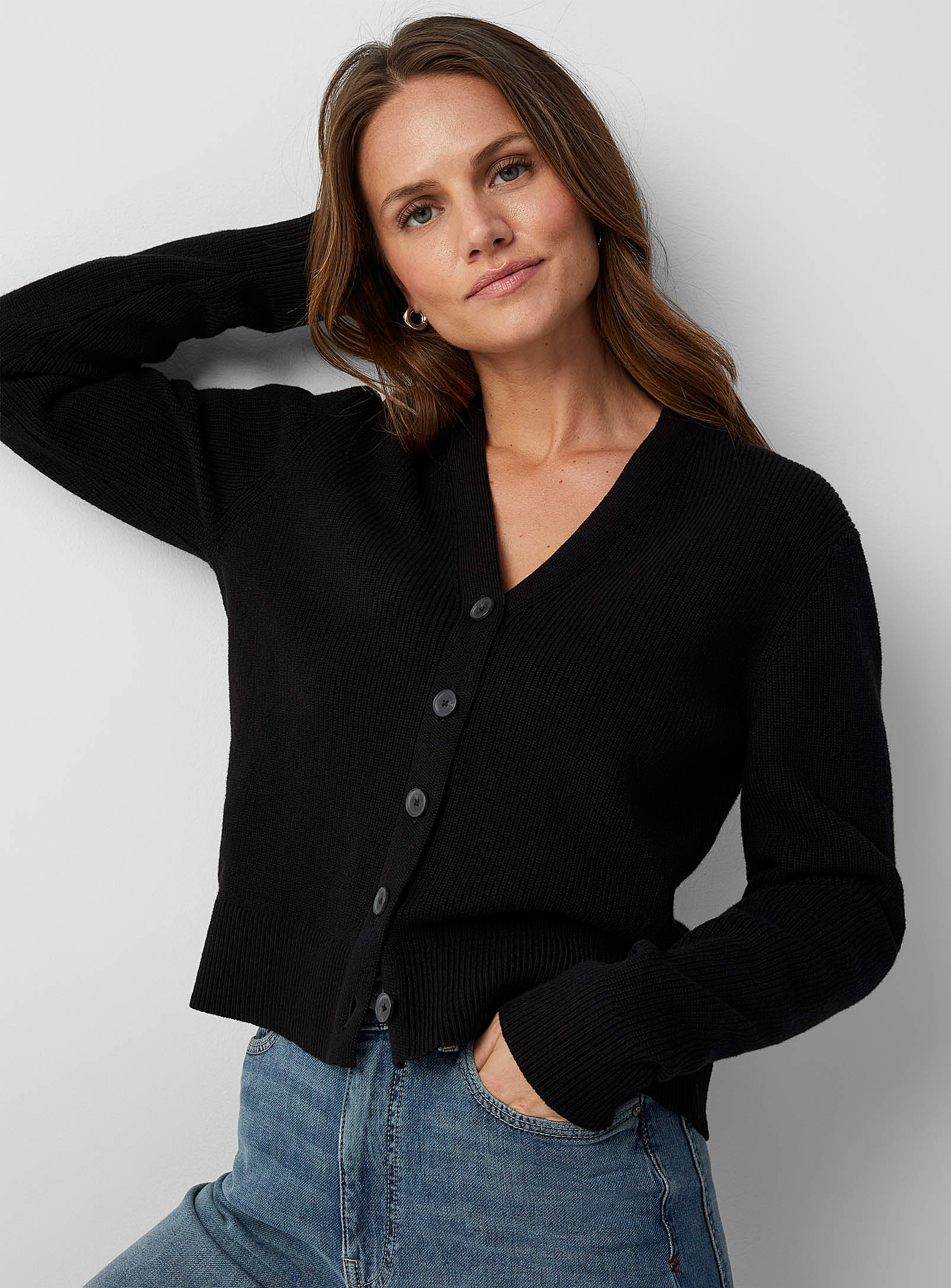 Contemporaine - Women's Shaker rib V-neck Cardigan Sweater