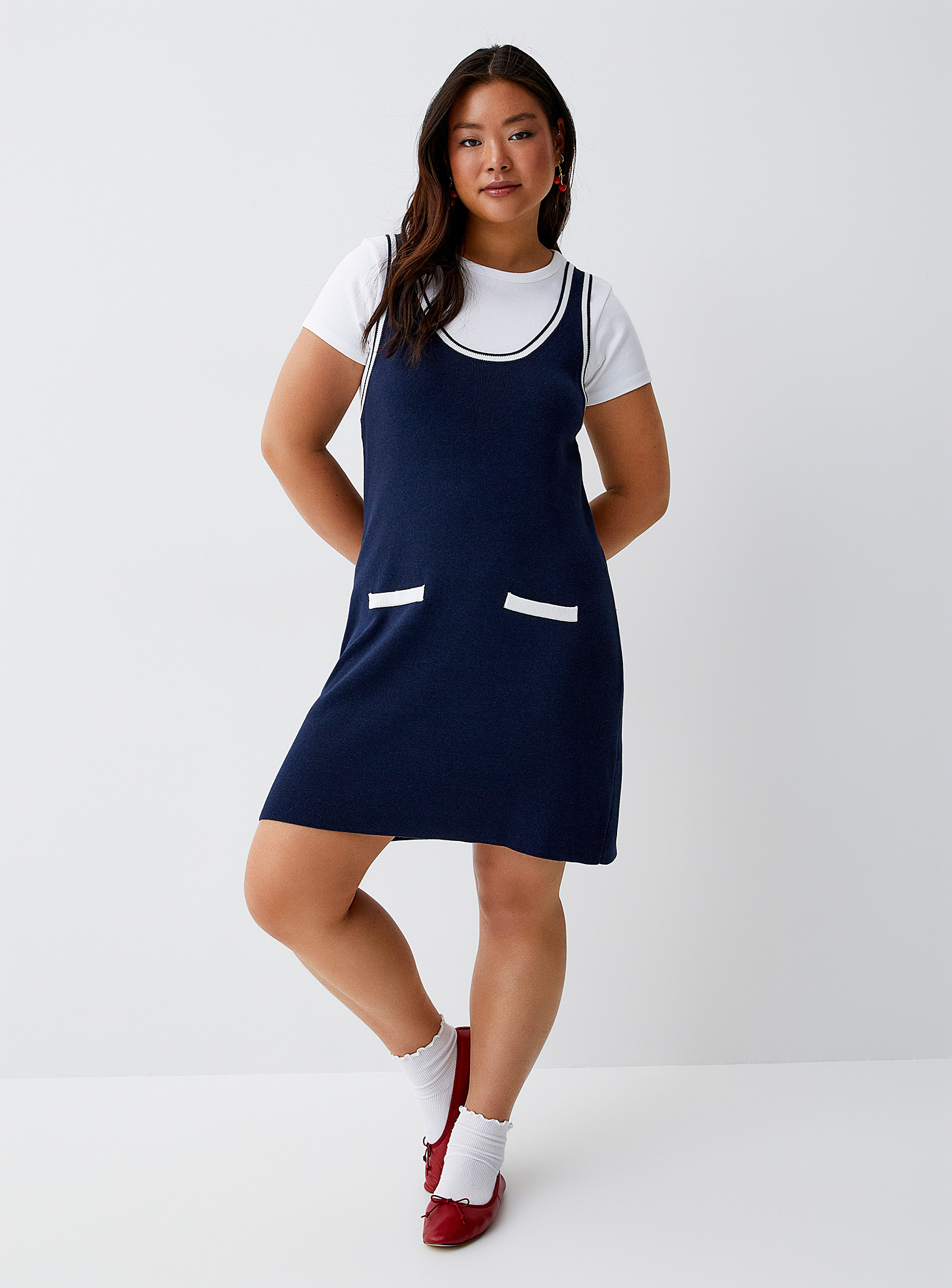 Twik Accent Bands Knit Dress In Navy/midnight Blue