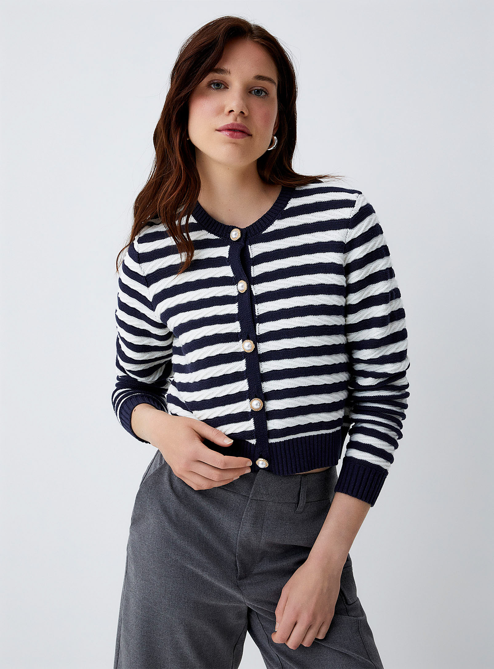 Twik - Women's Jewel-buttons striped Cardigan Sweater