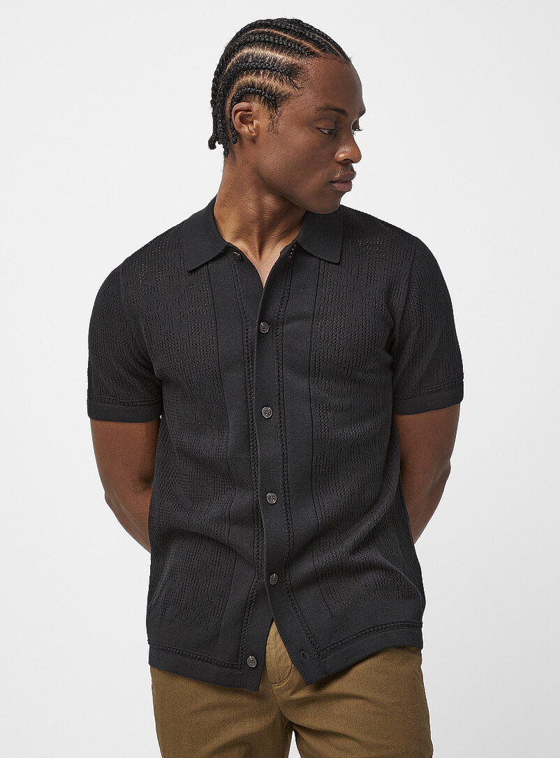 Patterned Openwork Knit Polo-Collar Cardigan