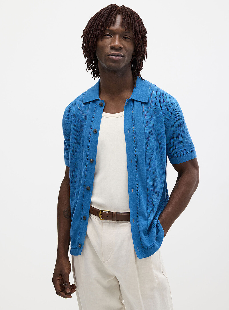 Patterned Openwork Knit Polo-Collar Cardigan