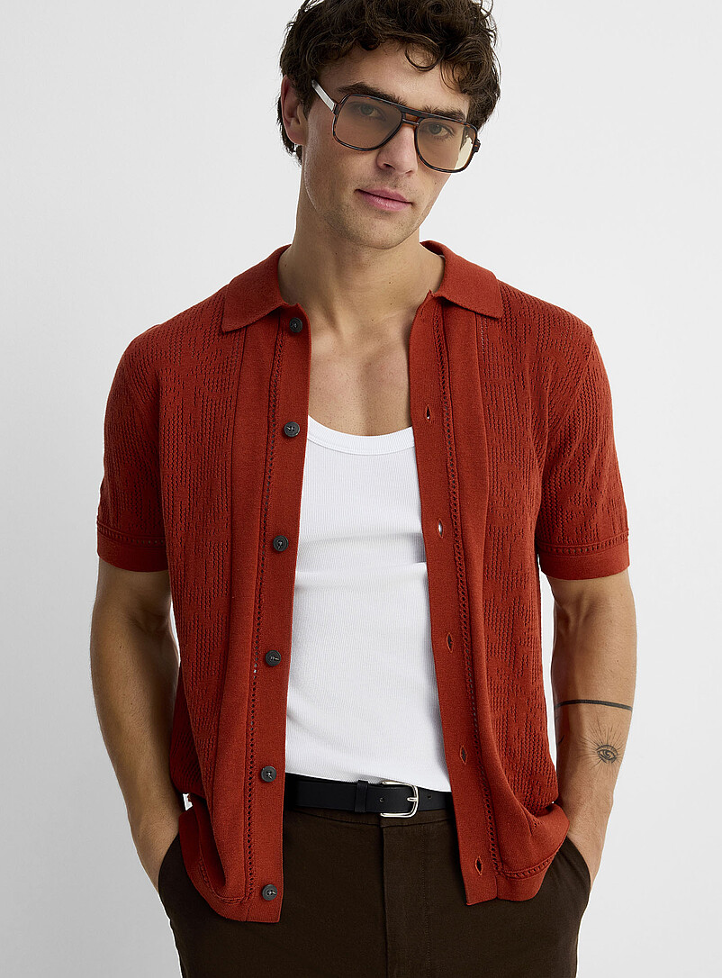 Patterned openwork knit polo-collar cardigan product image (primary)