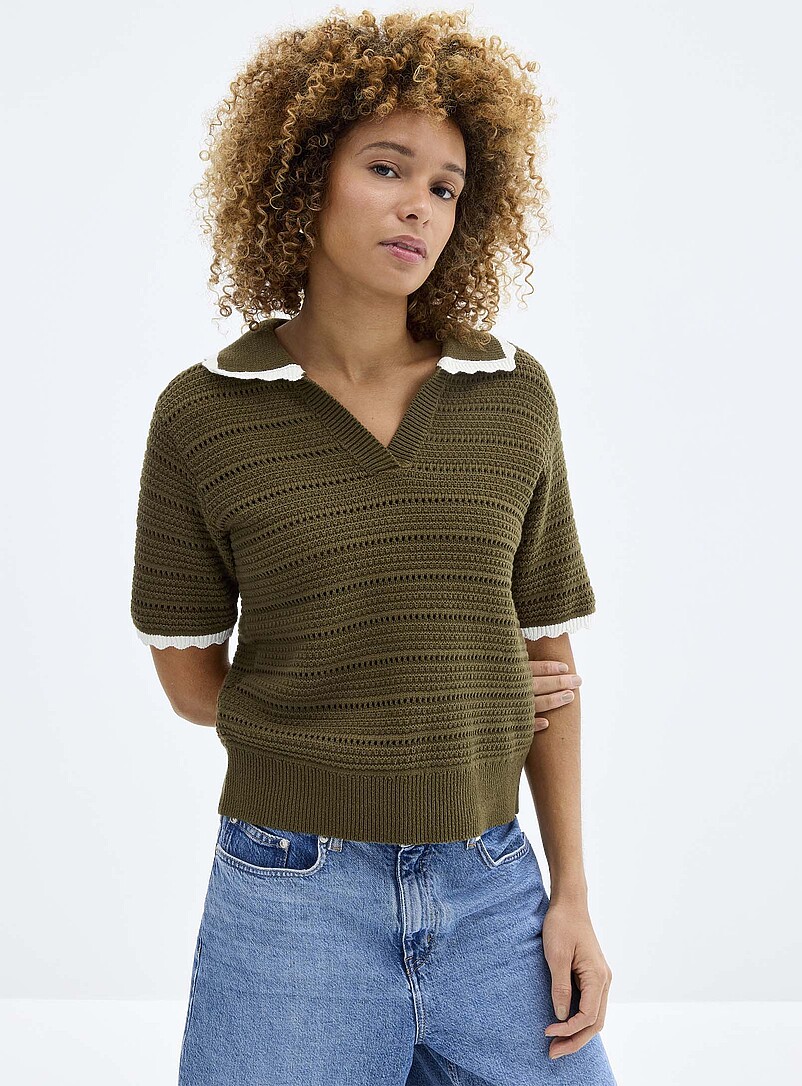 Scalloped Johnny Collar Openwork Sweater