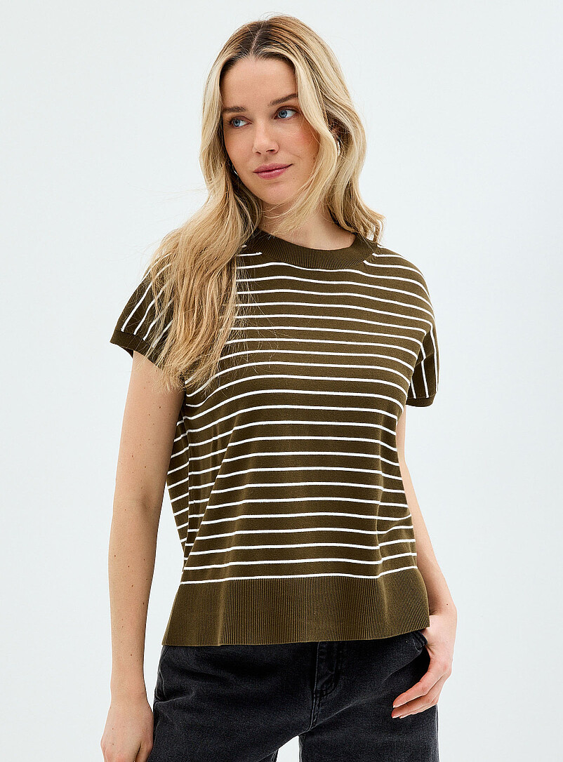 Striped Cap-Sleeve 100% Cotton Sweater