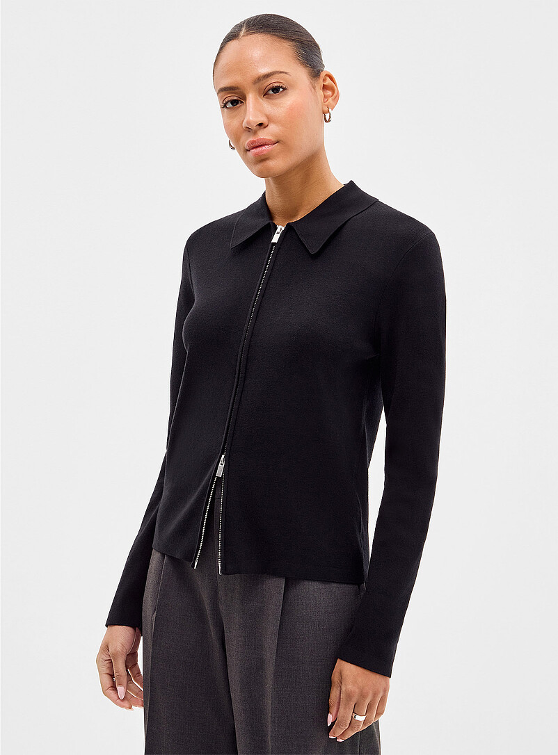 Polo-Collar Mini-Rib Zip-Up Cardigan