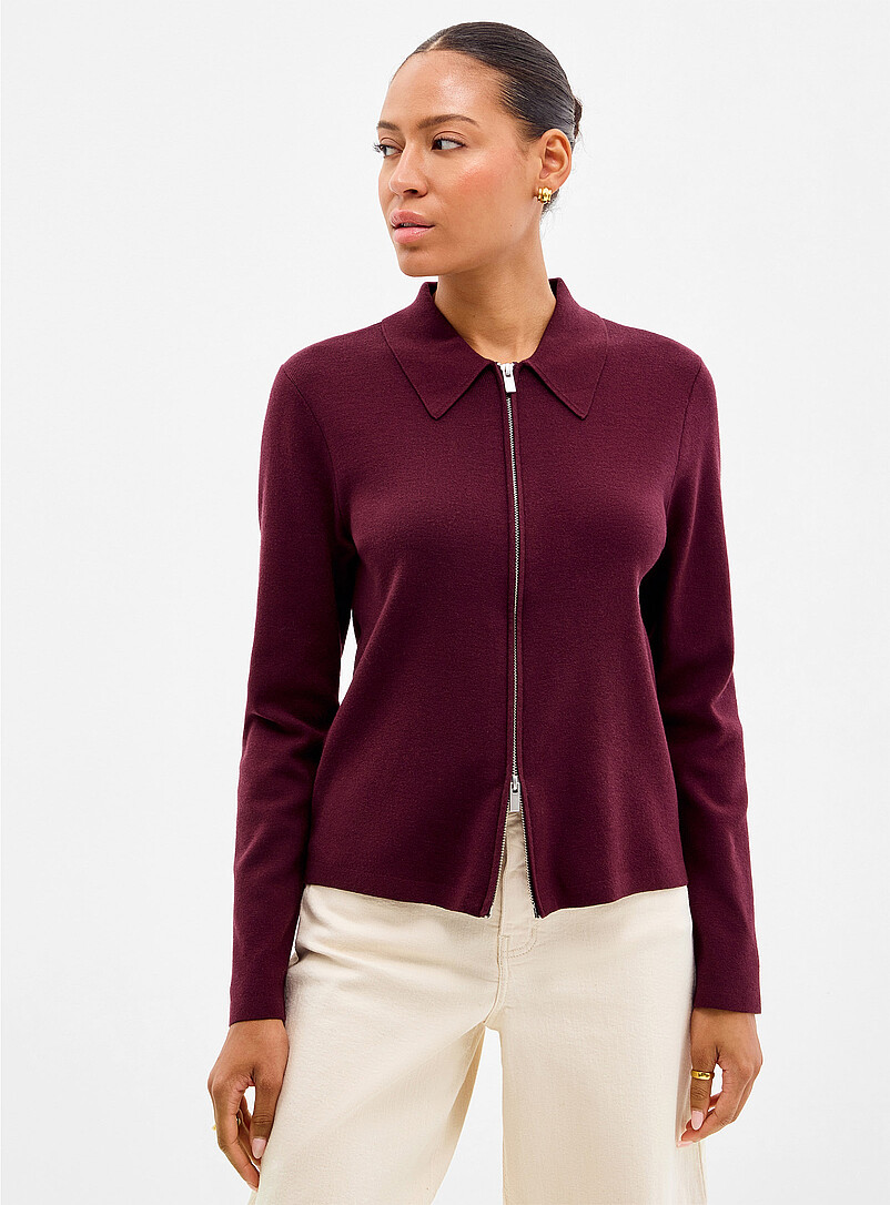 Polo-collar mini-rib zip-up cardigan product image (primary)