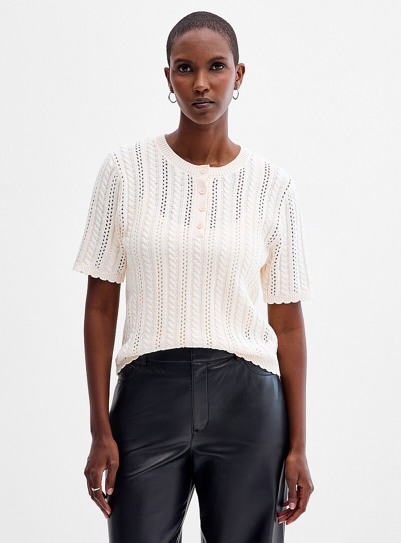 Scalloped trim henley collar openwork sweater product image (primary)