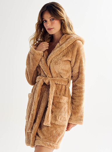 UGG: La robe de chambre &agrave; capuche peluche Aarti Brun p&acirc;le pour femme