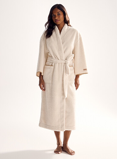 UGG Ivory/Cream Beige Embroidered trim long plush robe for women