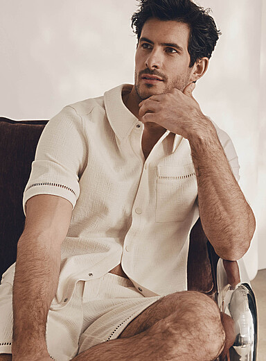 UGG: La chemise textur&eacute;e accents ajour&eacute;s Ivoire - Beige cr&egrave;me pour homme