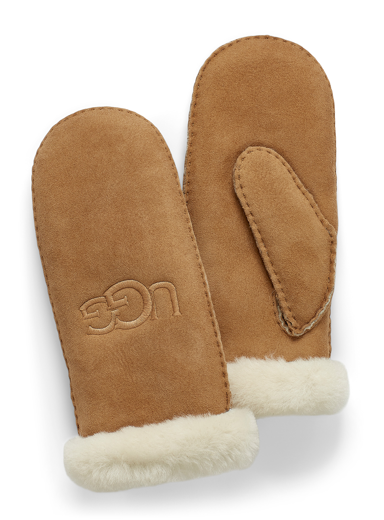 Ugg Womens Chestnut Logo-embroidered Rounded Suede And Shearling Mittens In Honey