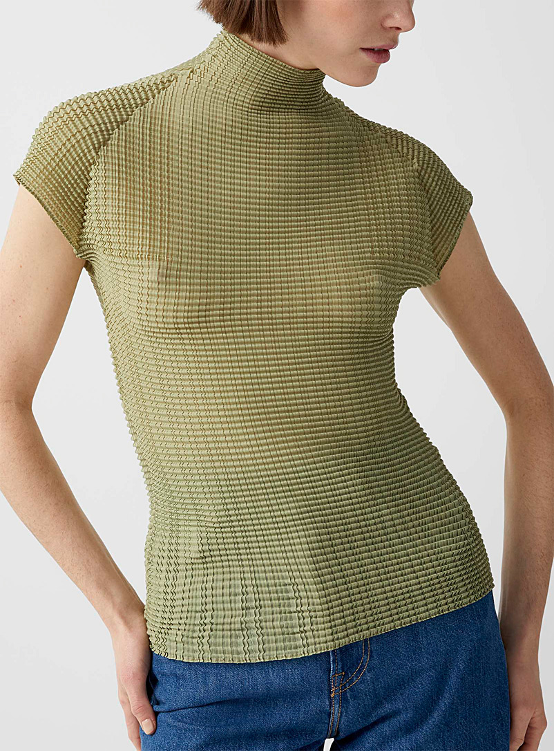 Issey Miyake Lime Green Wooly Pleats mock-neck top for women