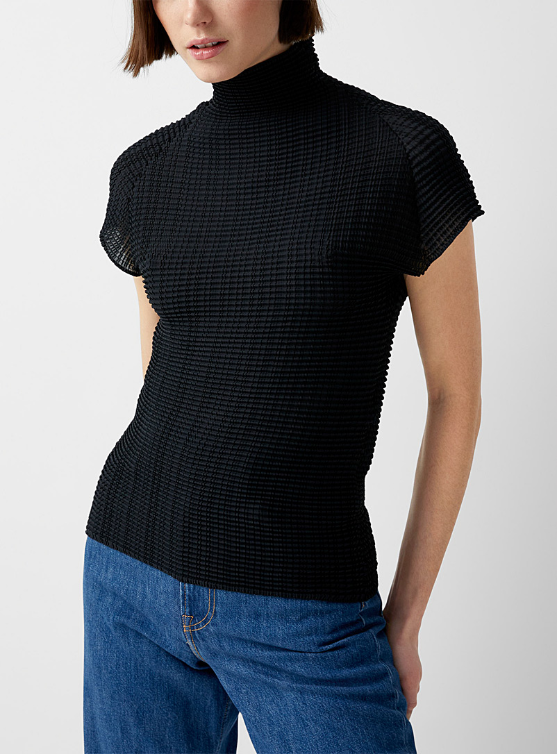 Issey Miyake Marine Blue Wooly Pleats mock-neck top for women