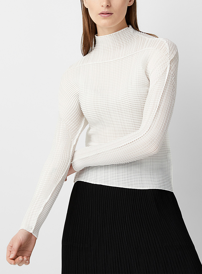 Issey Miyake White Metal Pleats stand-up collar top for women