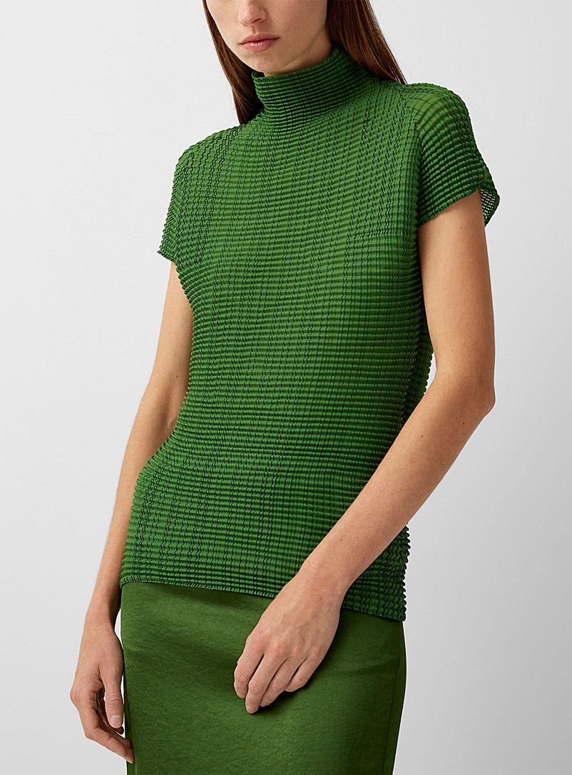 Issey Miyake Green Wooly Pleats cap-sleeve top for women