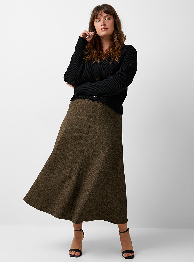 Contemporaine Dark Brown Herringbone wool flared skirt for women