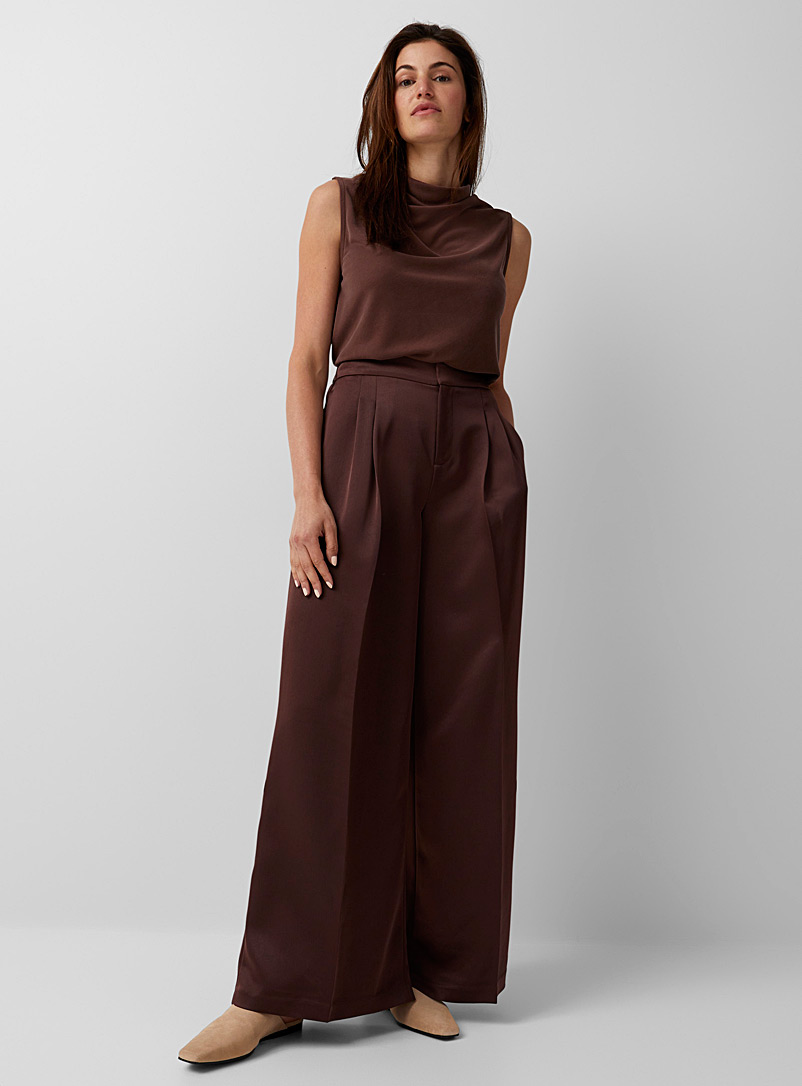 Contemporaine Dark Brown Loose pleated satiny pant for women