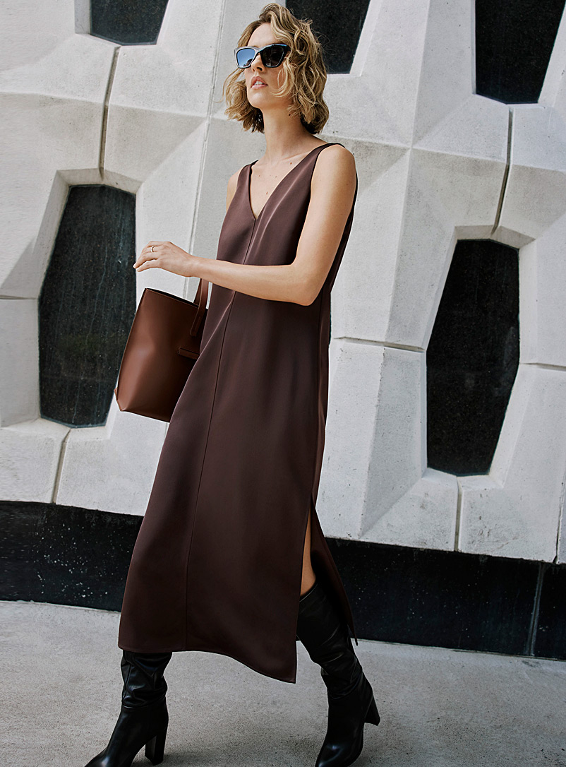 Contemporaine Dark Brown Satiny minimalist dress for women