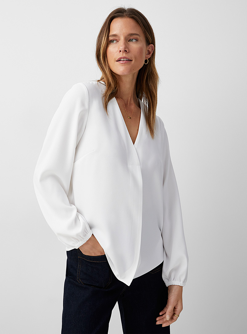 Contemporaine Ivory White Pleated V-neck flowy blouse for women