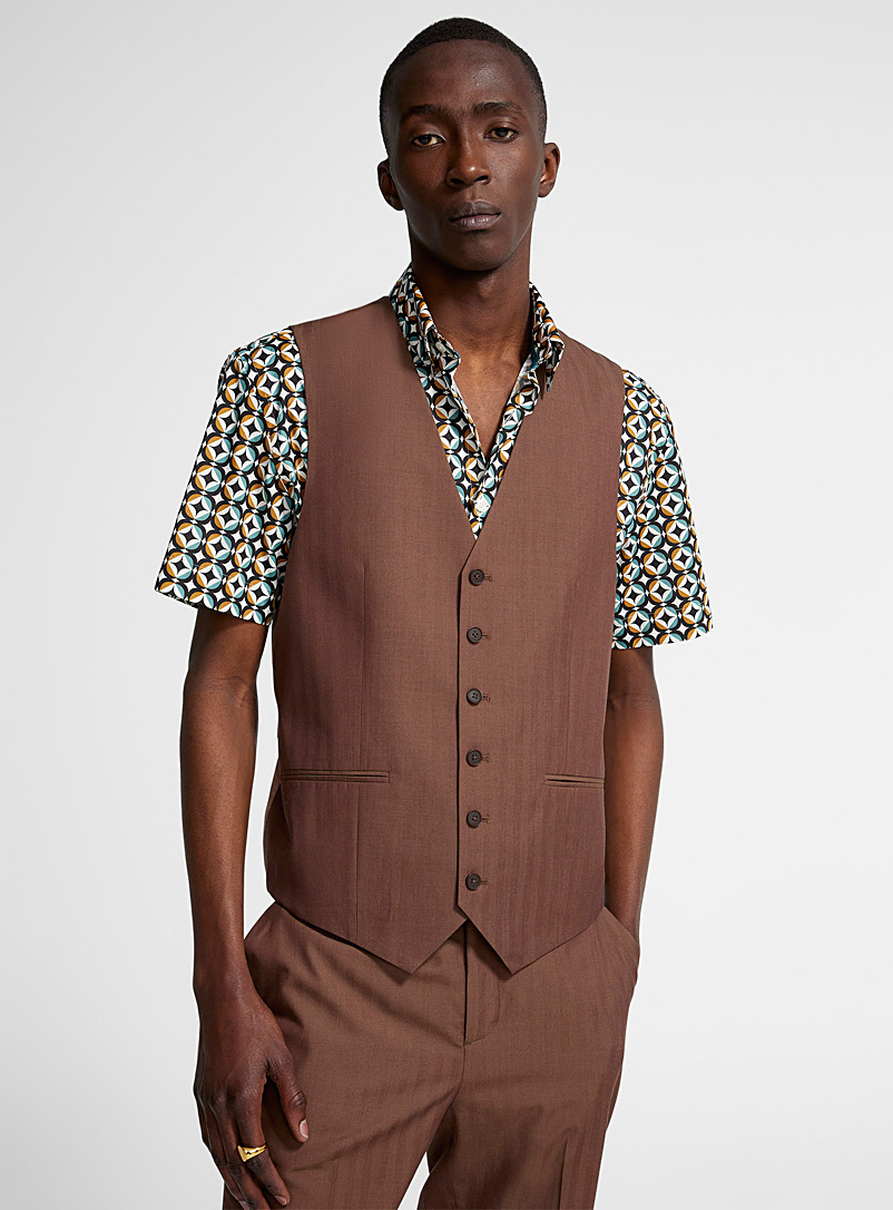 Le 31 Light Brown Micro-chevron coffee-coloured vest for men