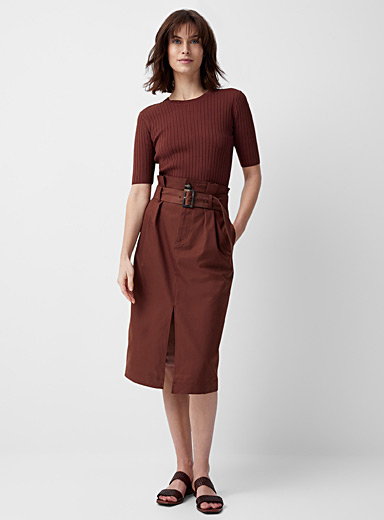 Contemporaine Brown Belted front-slit midi skirt for women