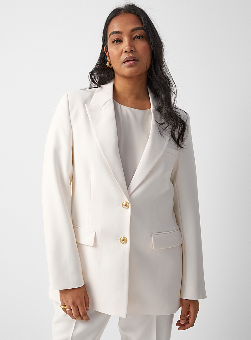 Contemporaine Ivory White Crest buttons stretch crepe blazer for women