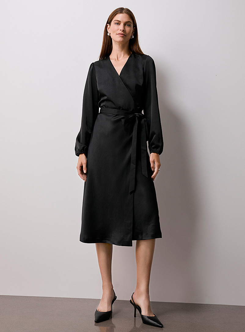 Contemporaine Black Satiny midi-length wrap dress for women