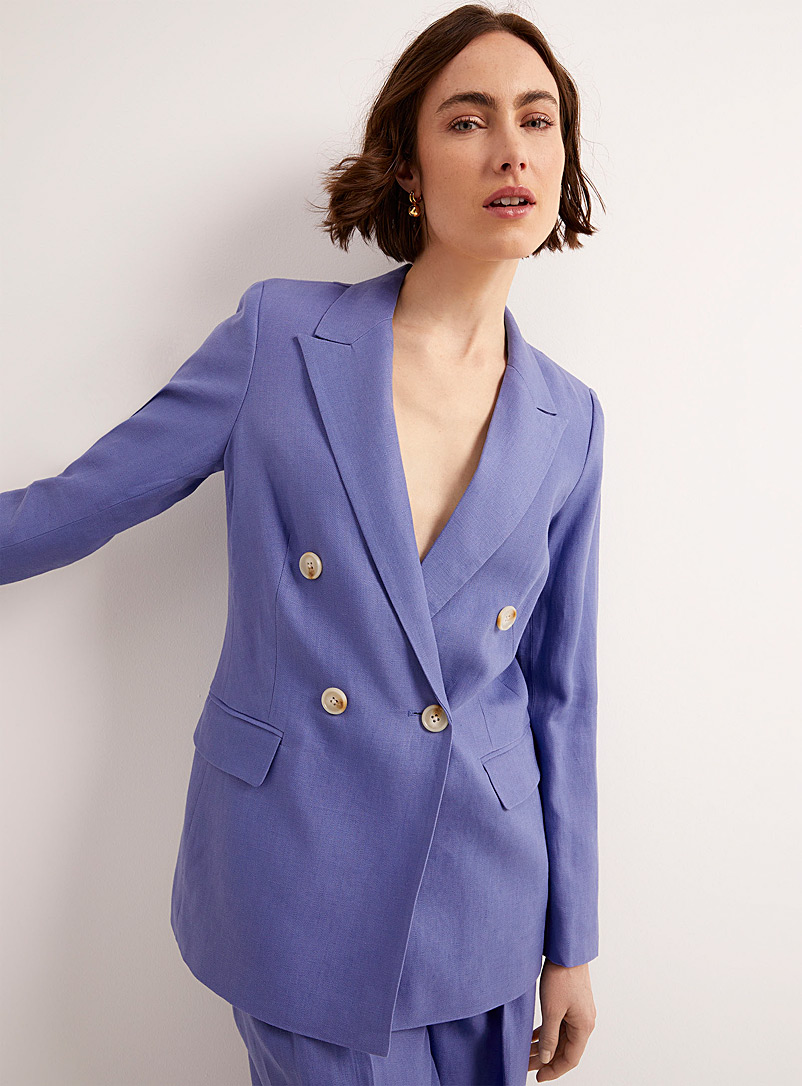 Contemporaine Slate Blue Double-breasted organic linen blazer for women