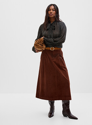 Contemporaine Brown Flared corduroy midi skirt for women