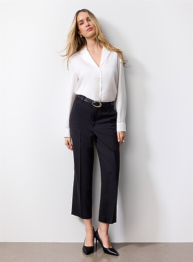 Contemporaine: Le pantalon m&eacute;lange de laine piqu&eacute; <b>Coupe : jambe droite, taille mi-haute</b> Noir pour femme